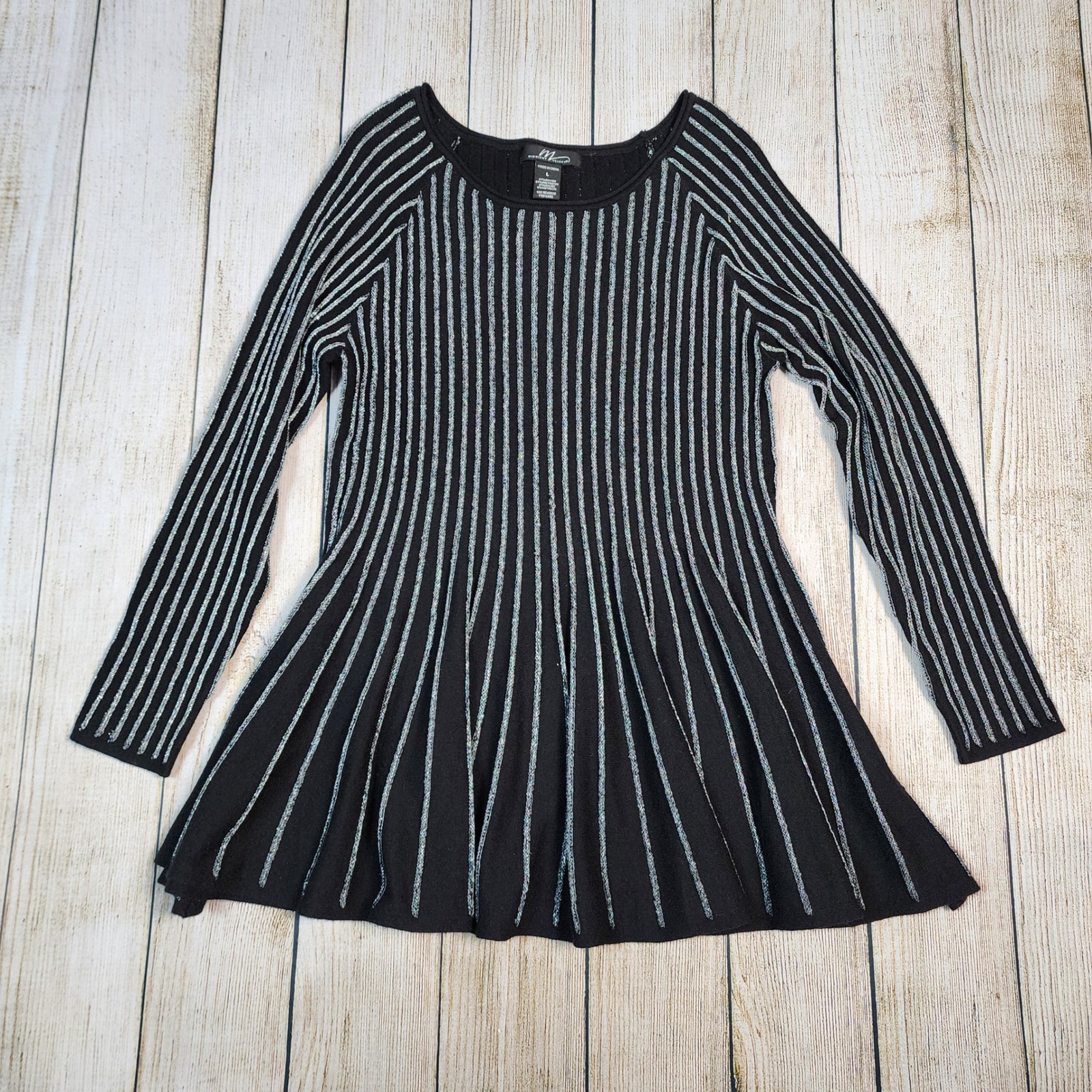 Midnight Velvet Knit Dress - Metallic Stripe, Long Sleeve, Fit & Flare L